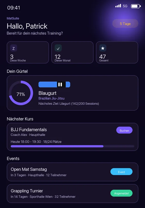Startbildschirm der MatSuite-Mitglieder-App mit Gürtel-Fortschritt und Kursbuchung